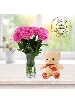 6 PINK ROSE BUNCH AND 1 TEDDY BEAR 6 PINK ROSE BUNCH AND 1 TEDDY BEAR