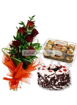6 Red Rose Bunch,1/2 Kg Black Forest Cake , 16 Pcs Ferrero Rocher Chocolates 6 Red Rose Bunch,1/2 Kg Black Forest Cake , 16 Pcs Ferrero Rocher Chocolates