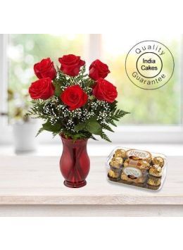 6 Red Roses Bunch and 16 Pcs Ferrero Rocher Chocolates 6 Red Roses Bunch and 16 Pcs Ferrero Rocher Chocolates