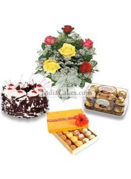 Half Kg Black Forest Cake- 16 Ferero Rocher Chocolates-Half Kg Assorted Sweets-6 Mix Roses Half Kg Black Forest Cake- 16 Ferero Rocher Chocolates-Half Kg Assorted Sweets-6 Mix Roses