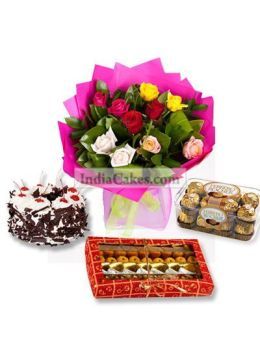 1/2 Kg Black Forest Cake 16 Pcs Ferero Rocher Chocolates 1/4 Kg Assorted Sweets 10 Mix Roses 1/2 Kg Black Forest Cake 16 Pcs Ferero Rocher Chocolates 1/4 Kg Assorted Sweets 10 Mix Roses