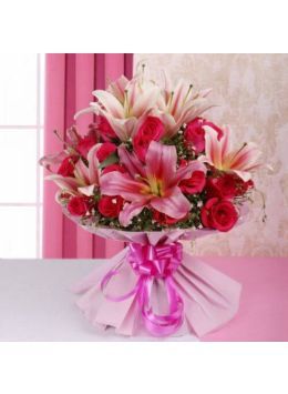 Oriental Touch 15 Pink Roses with 8 Pink Lilies Bunch