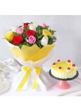Pineapple Cake 1 Kg with 6 Mix Roses Bunch Pineapple Cake 1 Kg with 6 Mix Roses Bunch