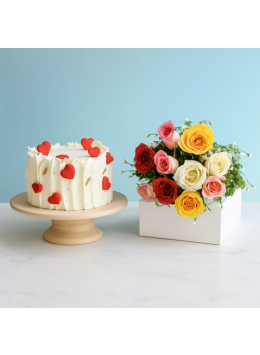 Pineapple Cake Half Kg with 6 Mix Roses Bunch Pineapple Cake Half Kg with 6 Mix Roses Bunch