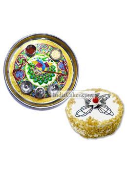 Golden Thali With Green Design And Half Kg Eggless Butterscotch Cake Golden Thali With Green Design And Half Kg Eggless Butterscotch Cake