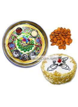 Golden Thali With Green Design And Half Kg Eggless Butterscotch Cake And 250 gms Almond Dryfruits Golden Thali With Green Design And Half Kg Eggless Butterscotch Cake And 250 gms Almond Dryfruits
