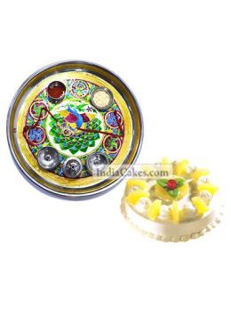 Golden Thali With Green Design And Half Kg Eggless Pineapple Cake Golden Thali With Green Design And Half Kg Eggless Pineapple Cake