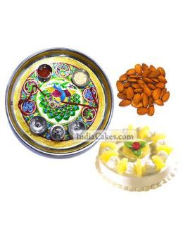 Golden Thali With Green Design And Half Kg Eggless Pineapple Cake And 250 gms Almond Dryfruits Golden Thali With Green Design And Half Kg Eggless Pineapple Cake And 250 gms Almond Dryfruits
