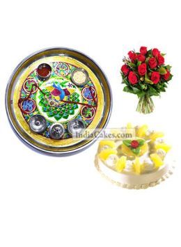 Golden Thali With Green Design And Half Kg Eggless Pineapple Cake And 10 Red Roses Bunch Golden Thali With Green Design And Half Kg Eggless Pineapple Cake And 10 Red Roses Bunch