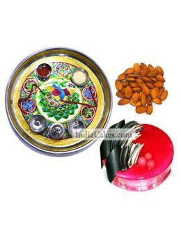 Golden Thali With Green Design And Half Kg Eggless Strawberry Cake And 250 gms Almond Dryfruits Golden Thali With Green Design And Half Kg Eggless Strawberry Cake And 250 gms Almond Dryfruits