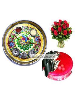 Golden Thali With Green Design And Half Kg Eggless Strawberry Cake And 10 Red Roses Bunch Golden Thali With Green Design And Half Kg Eggless Strawberry Cake And 10 Red Roses Bunch