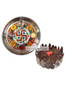 Golden Thali With Red Design And Half Kg Eggless Black Forest Cake Golden Thali With Red Design And Half Kg Eggless Black Forest Cake