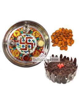 Golden Thali With Red Design And Half Kg Eggless Black Forest Cake And 250 gms Almond Dryfruits Golden Thali With Red Design And Half Kg Eggless Black Forest Cake And 250 gms Almond Dryfruits