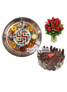 Golden Thali With Red Design And Half Kg Eggless Black Forest Cake And 10 Red Roses Bunch Golden Thali With Red Design And Half Kg Eggless Black Forest Cake And 10 Red Roses Bunch