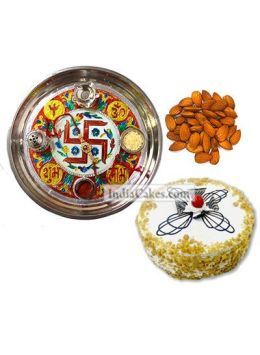 Golden Thali With Red Design And Half Kg Eggless Butterscotch Cake And 250 gms Almond Dryfruits Golden Thali With Red Design And Half Kg Eggless Butterscotch Cake And 250 gms Almond Dryfruits