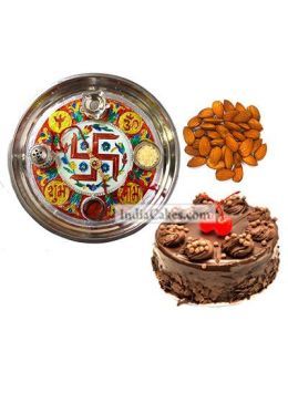 Golden Thali With Red Design And Half Kg Eggless Chocolate Truffle Cake And 250 gms Almond Dryfruits Golden Thali With Red Design And Half Kg Eggless Chocolate Truffle Cake And 250 gms Almond Dryfruits