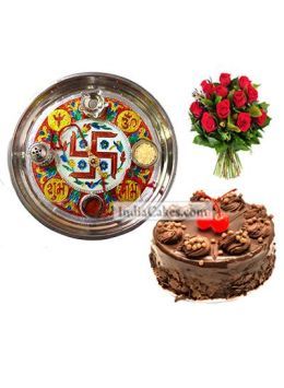 Golden Thali With Red Design And Half Kg Eggless Chocolate Truffle Cake And 10 Red Roses Bunch Golden Thali With Red Design And Half Kg Eggless Chocolate Truffle Cake And 10 Red Roses Bunch