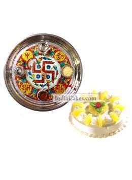 Golden Thali With Red Design And Half Kg Eggless Pineapple Cake Golden Thali With Red Design And Half Kg Eggless Pineapple Cake