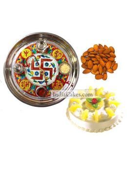 Golden Thali With Red Design And Half Kg Eggless Pineapple Cake And 250 gms Almond Dryfruits Golden Thali With Red Design And Half Kg Eggless Pineapple Cake And 250 gms Almond Dryfruits