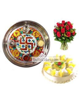 Golden Thali With Red Design And Half Kg Eggless Pineapple Cake And 10 Red Roses Bunch Golden Thali With Red Design And Half Kg Eggless Pineapple Cake And 10 Red Roses Bunch
