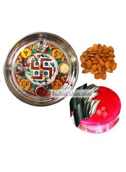 Golden Thali With Red Design And Half Kg Eggless Strawberry Cake And 250 gms Almond Dryfruits Golden Thali With Red Design And Half Kg Eggless Strawberry Cake And 250 gms Almond Dryfruits