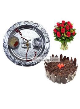 Silver Thali And Half Kg Eggless Black Forest Cake And 10 Red Roses Bunch Silver Thali And Half Kg Eggless Black Forest Cake And 10 Red Roses Bunch