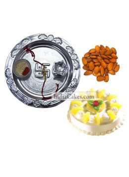 Silver Thali And Half Kg Eggless Pineapple Cake And 250 gms Almond Dryfruits Silver Thali And Half Kg Eggless Pineapple Cake And 250 gms Almond Dryfruits