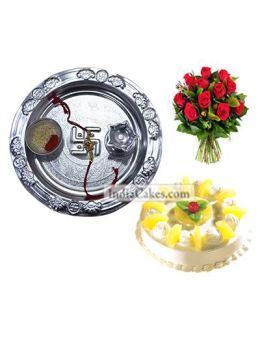 Silver Thali And Half Kg Eggless Pineapple Cake And 10 Red Roses Bunch Silver Thali And Half Kg Eggless Pineapple Cake And 10 Red Roses Bunch