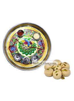 Golden Thali With Green Design And Pedha Golden Thali With Green Design And Pedha