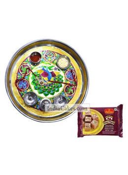 Golden Thali With Green Design And Soanpapdi Golden Thali With Green Design And Soanpapdi