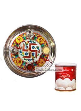 Golden Thali With Red Design And Rasgulla Golden Thali With Red Design And Rasgulla