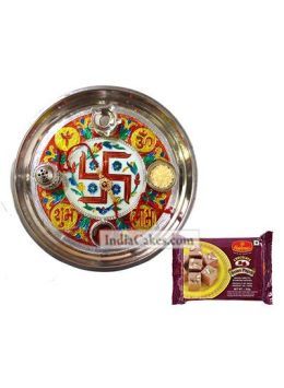 Golden Thali With Red Design And Soanpapdi Golden Thali With Red Design And Soanpapdi