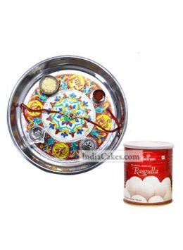 Silver Thali With Design And Rasgulla Silver Thali With Design And Rasgulla