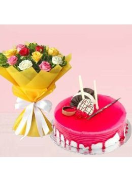 Strawberry Cake 1 Kg with 6 Mix Roses Bunch Strawberry Cake 1 Kg with 6 Mix Roses Bunch