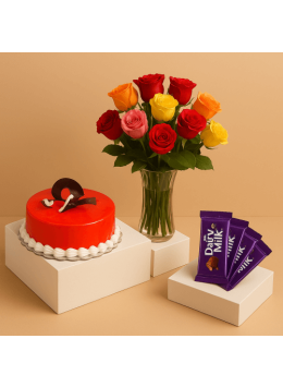 1 Kg Strawberry Cake-6 Mix Roses Bunch-5 Chocolates 1 Kg Strawberry Cake-6 Mix Roses Bunch-5 Chocolates