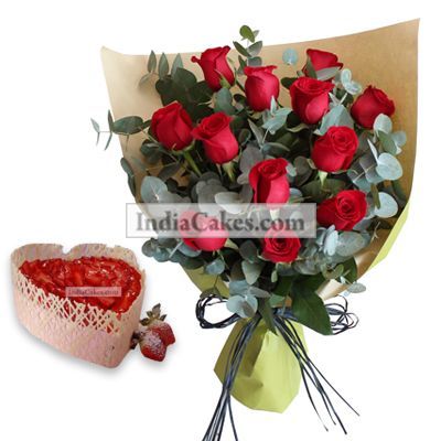 Strawberry Cake 1.5 Kg Heart Shaped with 10 Red Roses Bunch