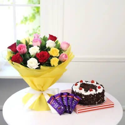 Half Kg Black Forest Cake with 6 Mix Roses Bunch and 5 Chocolates