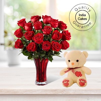 12 Red Roses Bunch and 6 Inches Teddy Bear