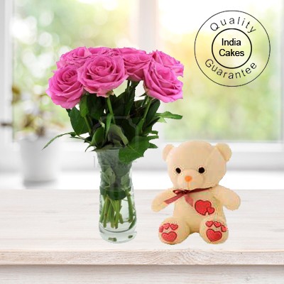 6 Pink Rose Bunch And 1 Teddy Bear