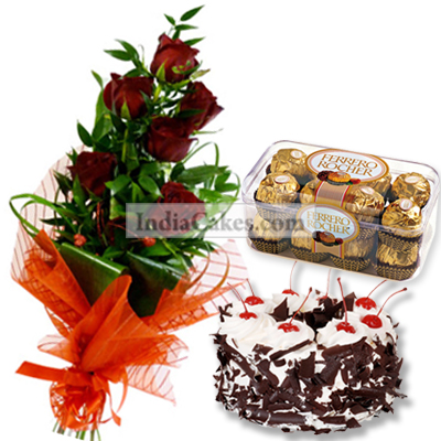 Eggless Black Forest Cake Half Kg with 6 Red Roses Bunch and 16 Chocolates