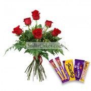 6 Red Roses Bunch with 5 Assorted Chocolates @ Rs10/- each