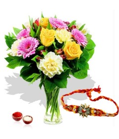 10 Mix Flowers In Vase With Rakhi