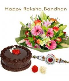 Half Kg Eggless Chocolate Truffle Cake With Bunch of 15 Mix Flowers With Rakhi