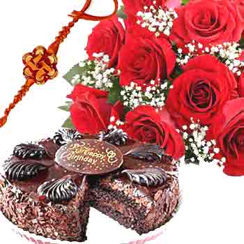 Rakhi with 1 Kg Chocolate Truffle Cake-6 Red Roses Bunch