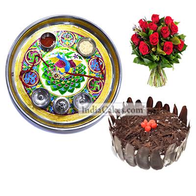 Golden Thali With Green Design And Half Kg Eggless Black Forest Cake And 10 Red Roses Bunch - Courieredp