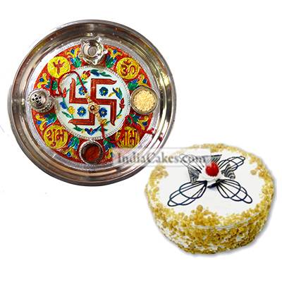 Golden Thali With Red Design And Half Kg Eggless Butterscotch Cake - Courieredp