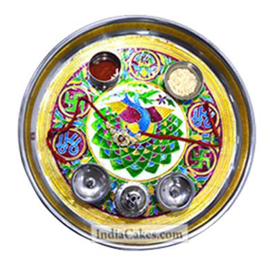 Golden Thali With Green Design - Courieredp