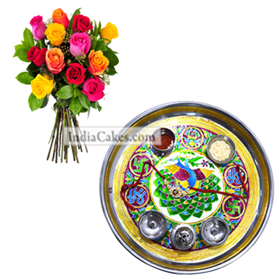 Golden Thali With Green Design And 10 Mix Roses Bunch - Courieredp