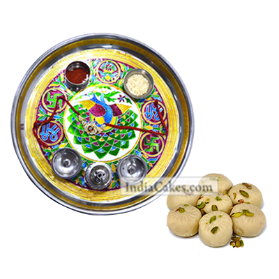 Golden Thali With Green Design And 250 gms Pedha - Courieredp