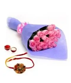 15 Pink Roses With Rakhi